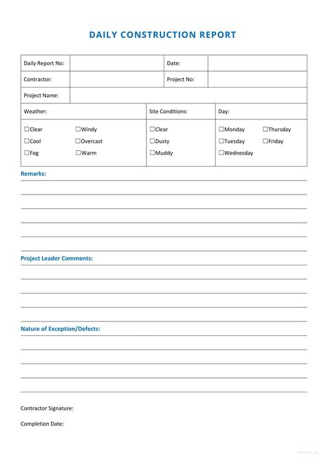 contractor free construction daily report template excel